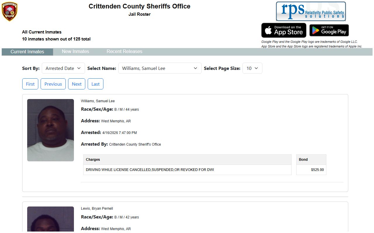 Crittenden County R2M inmate roster for recent arrests