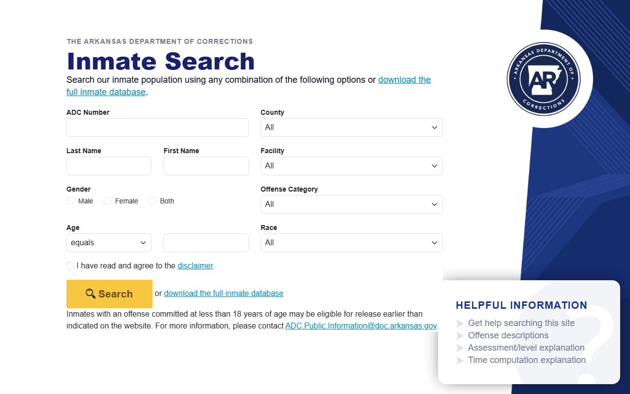 Arkansas DOC inmate search portal for recent arrests