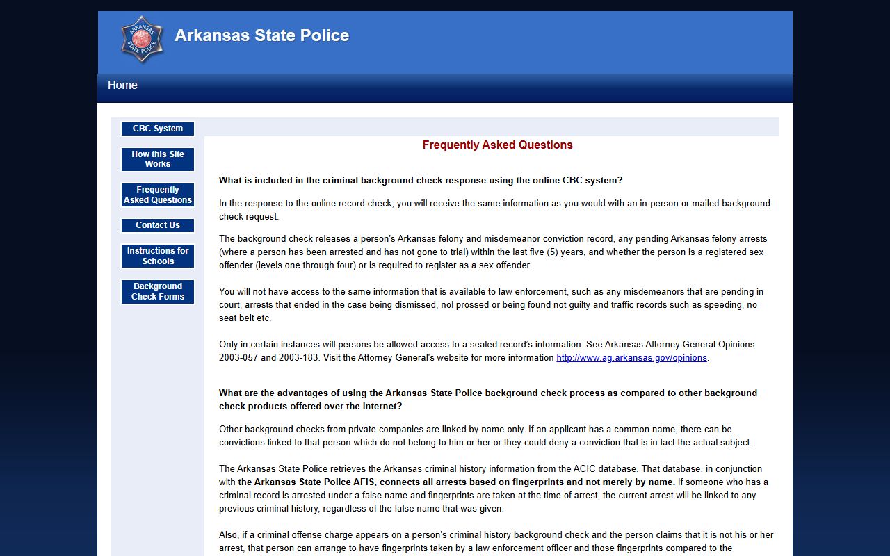 Arkansas State Police CBC FAQs page about recent arrests